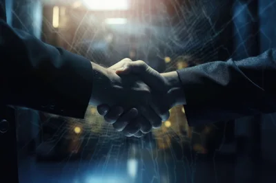 Business Professionals Shaking Hands Over Digital Network Overlay