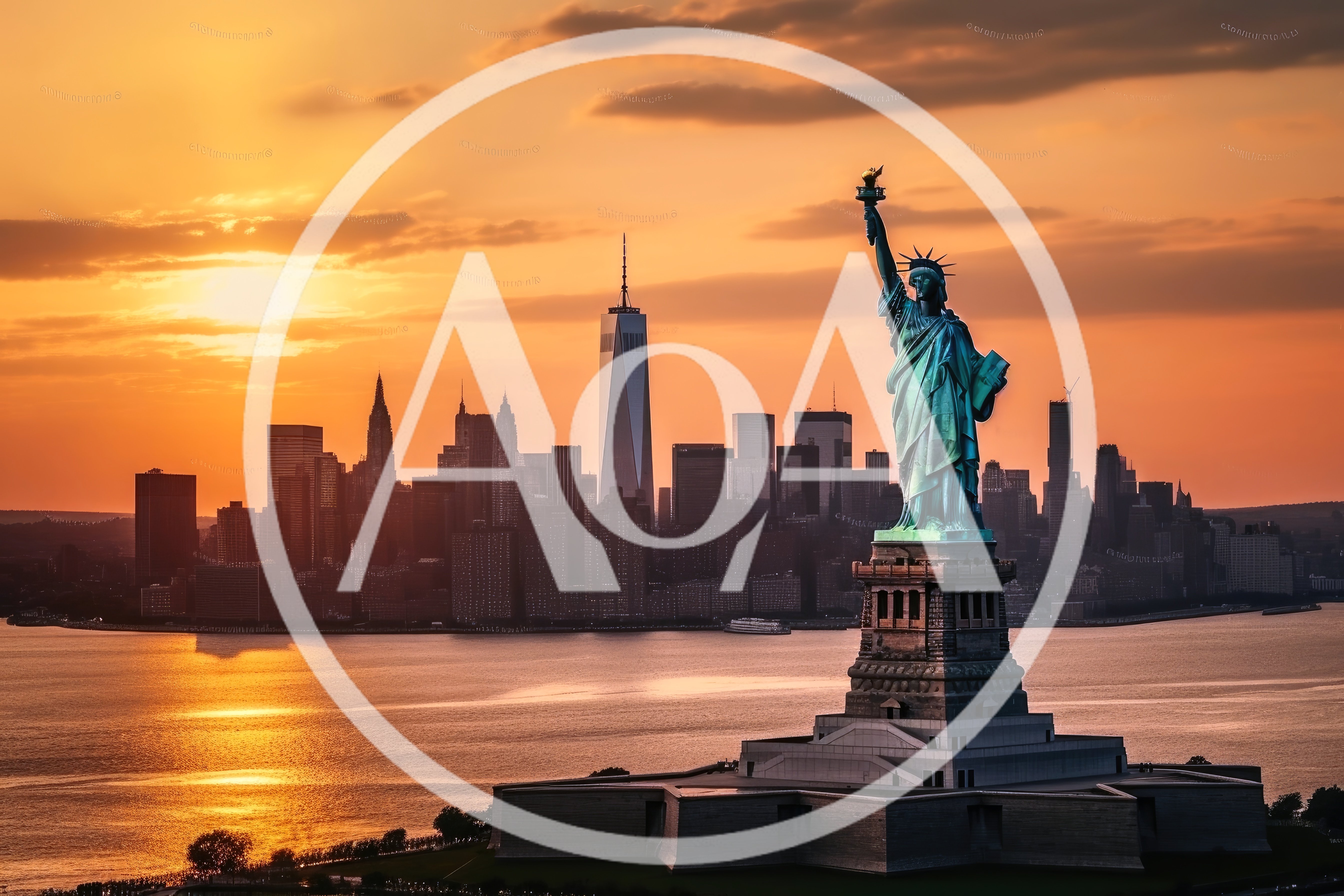 Statue Of Liberty And New York City Skyline Sunset