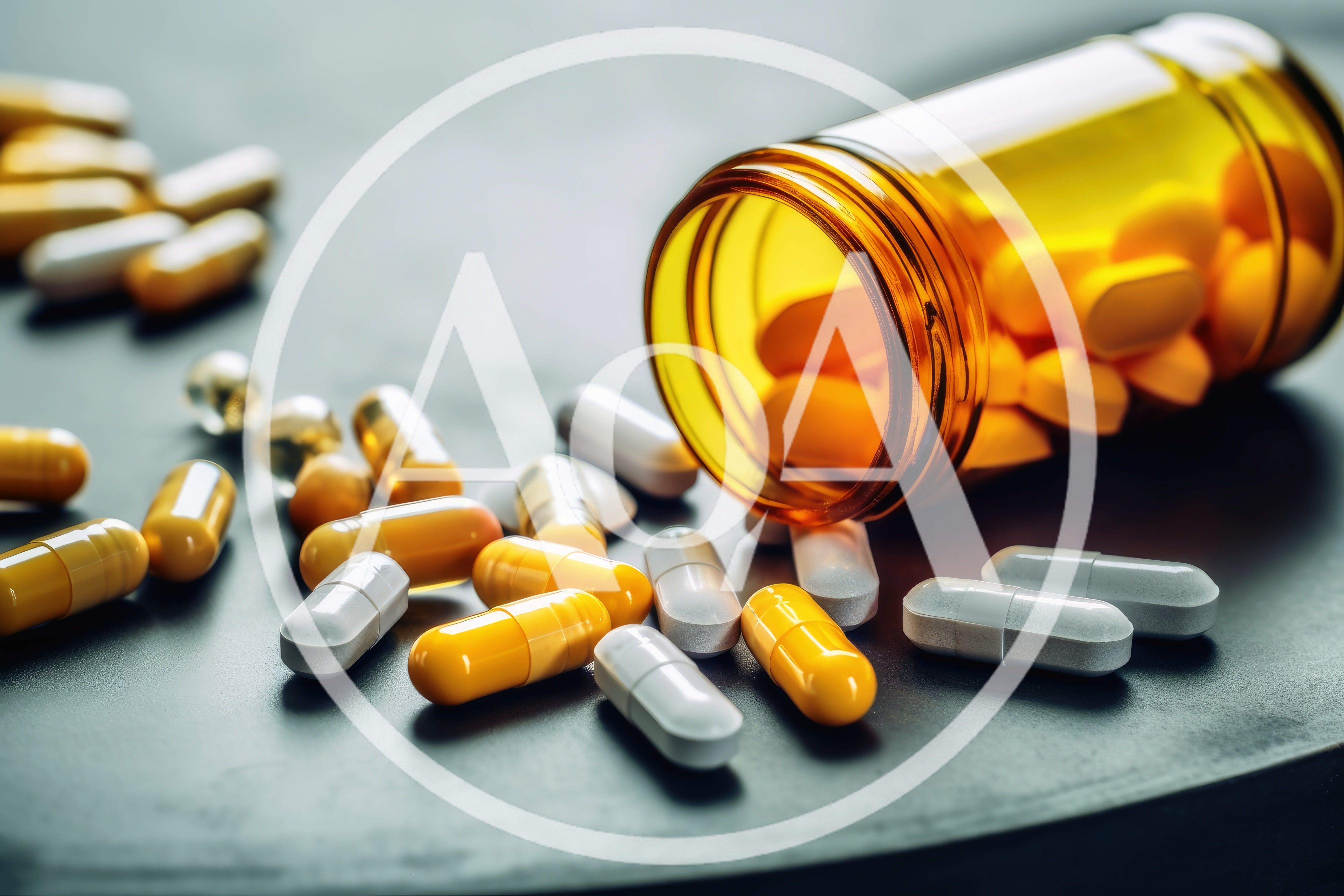Pills Spilled From An Amber Prescription Bottle