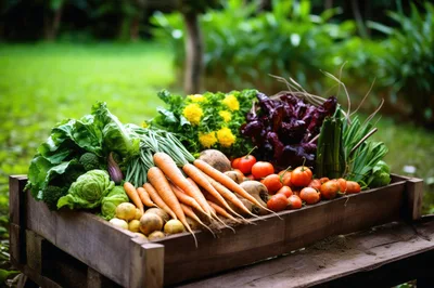 Freshly Harvested Organic Vegetables In A Wooden Crate