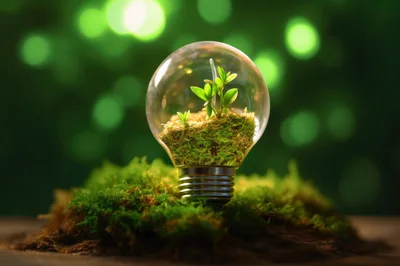 Light Bulb Containing A Small Plant On Moss
