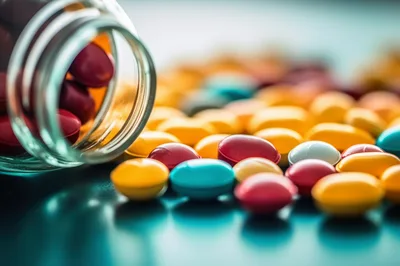 Pills Spilling From A Glass Bottle On A Surface