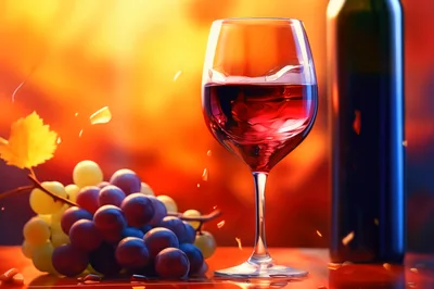 Glass Of Red Wine With Grapes And Bottle