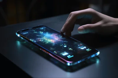 Hand Interacting With Futuristic Glowing Smartphone Interface
