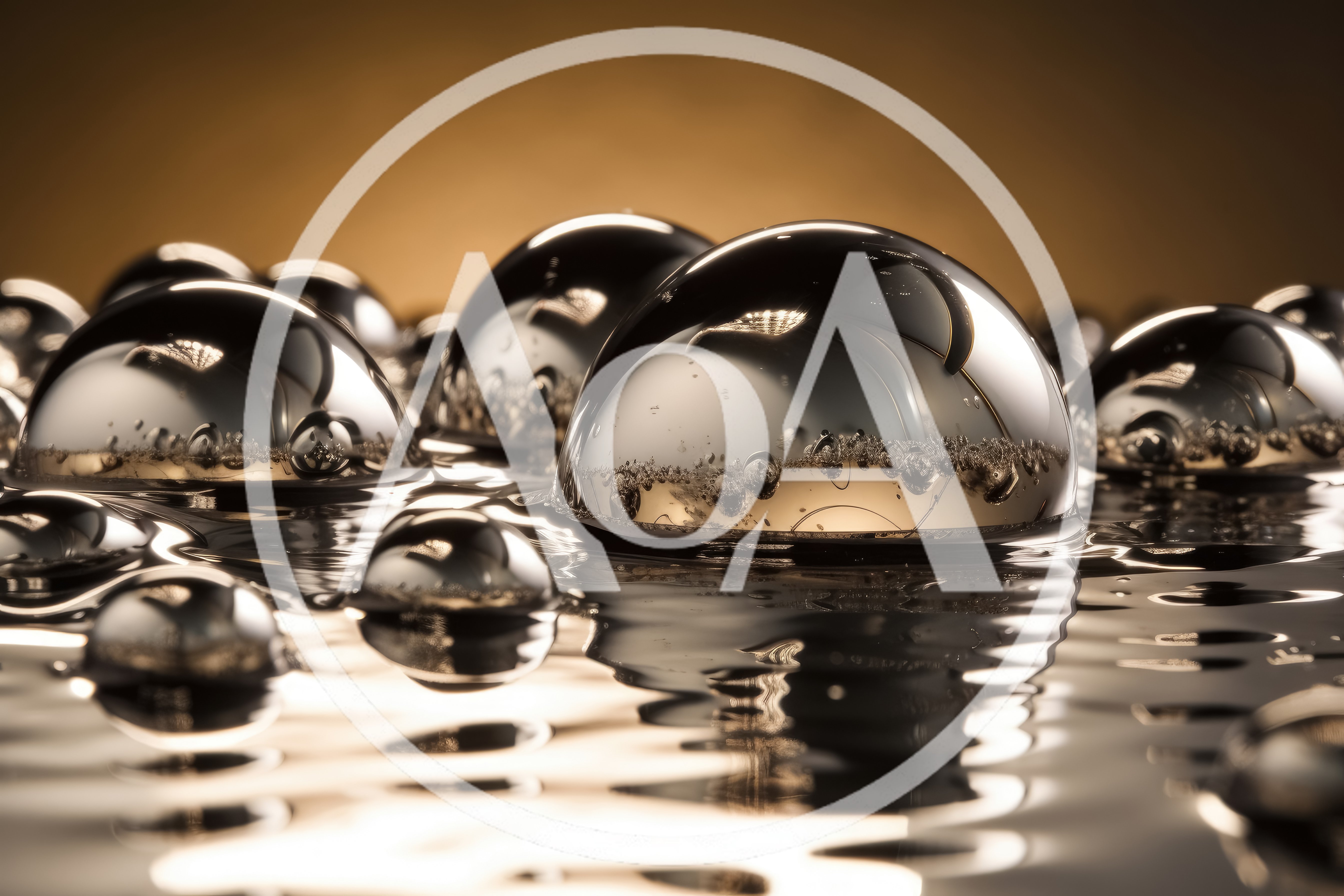 Liquid Mercury Spheres Reflecting Golden Light