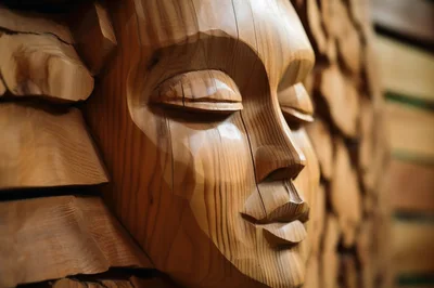 Close Up Of A Wooden Carved Human Face Sculpture