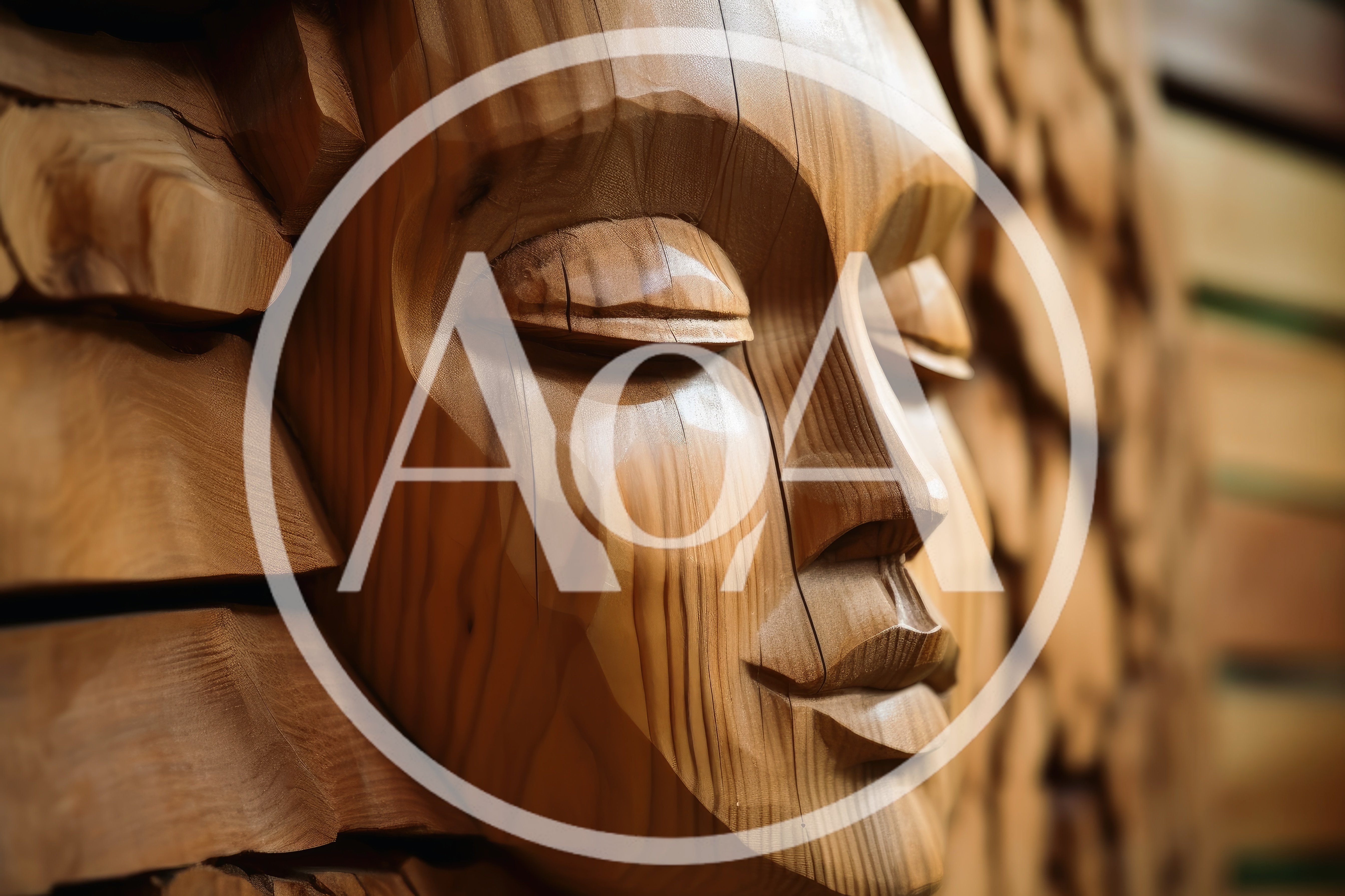 Close Up Of A Wooden Carved Human Face Sculpture