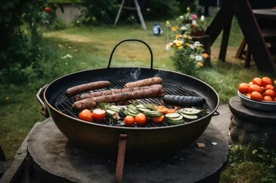 Sausages And Vegetables Grilling On A Backyard Fire Pit