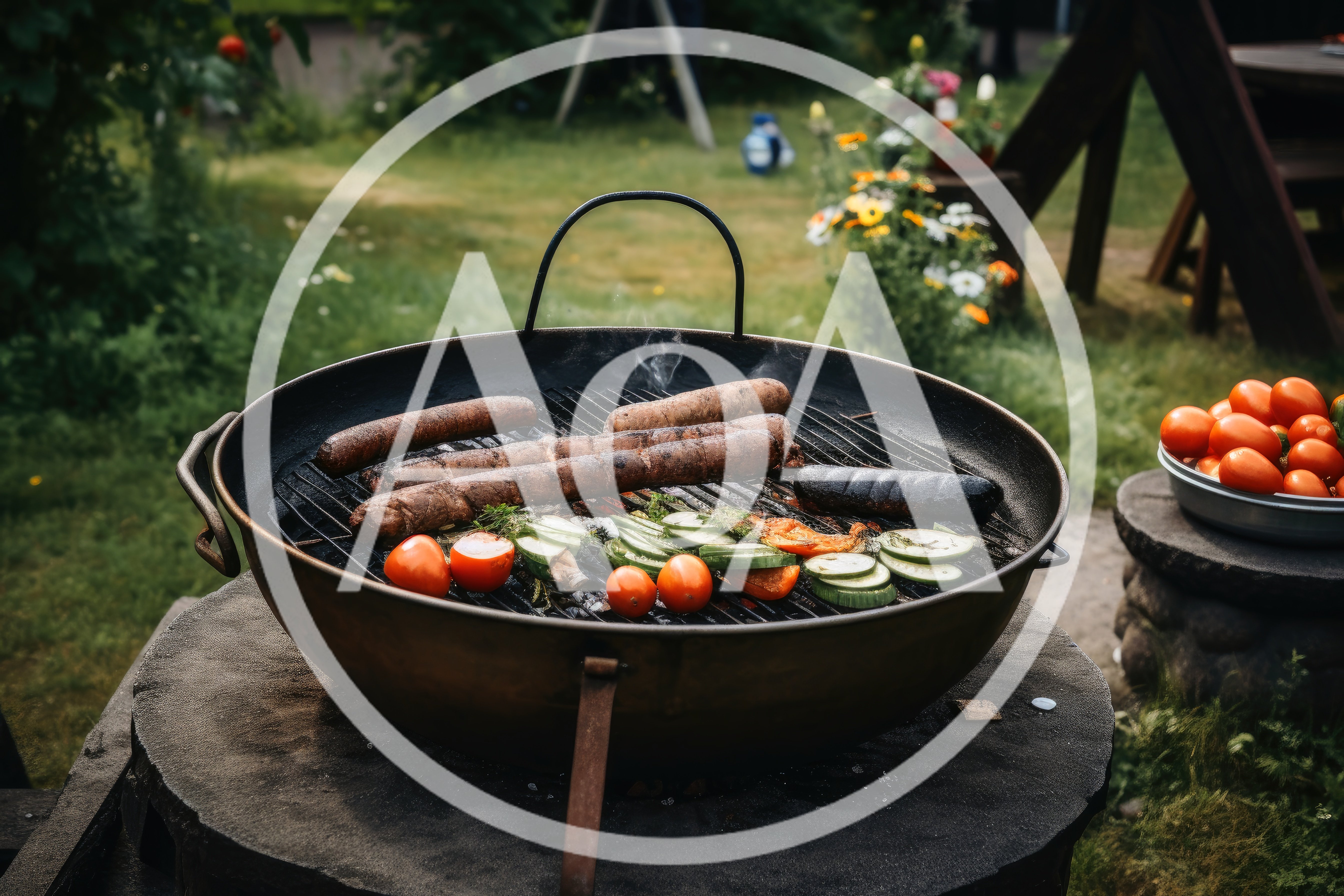 Sausages And Vegetables Grilling On A Backyard Fire Pit
