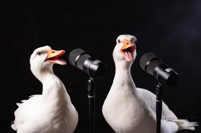Two White Ducks Singing Into Microphones