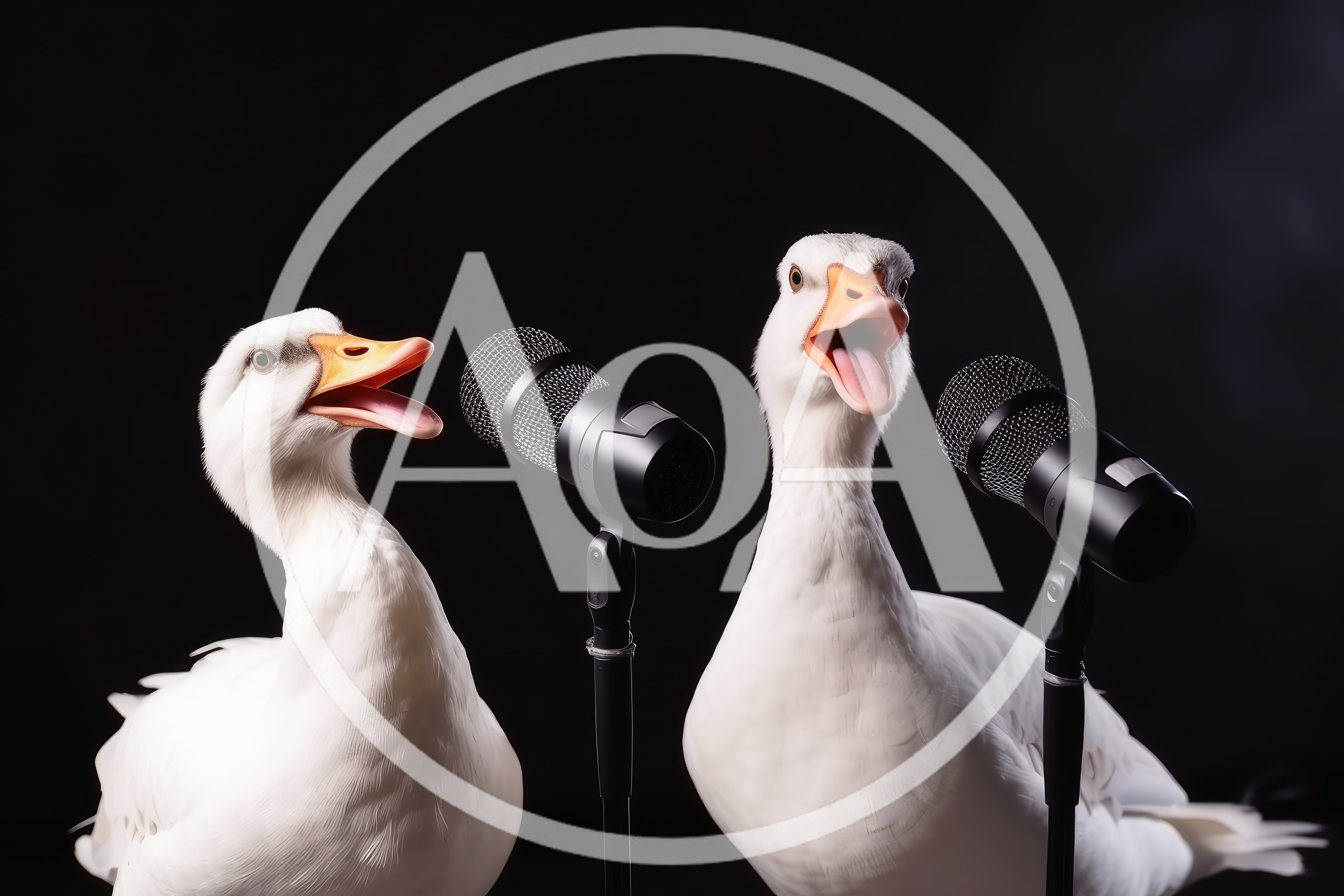 Two White Ducks Singing Into Microphones