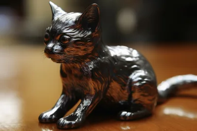 Small Metallic Cat Figurine On Wooden Surface