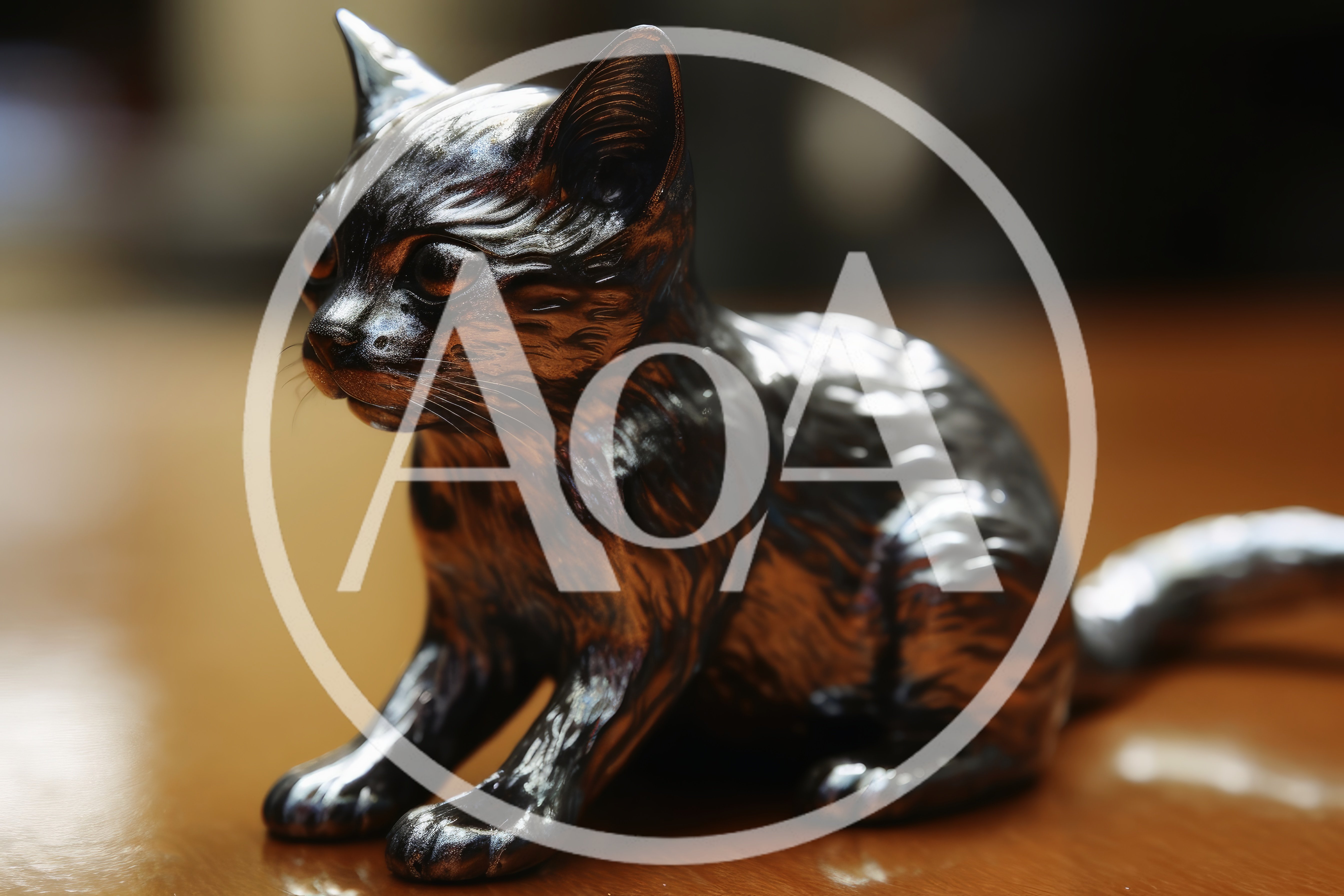 Small Metallic Cat Figurine On Wooden Surface