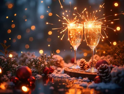 Two Champagne Glasses With Sparklers For New Year Celebration