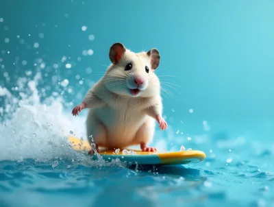 Cute Hamster Surfing on a Small Surfboard
