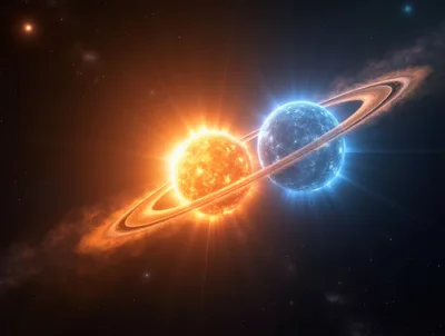 Binary Star System With Glowing Rings In Deep Space