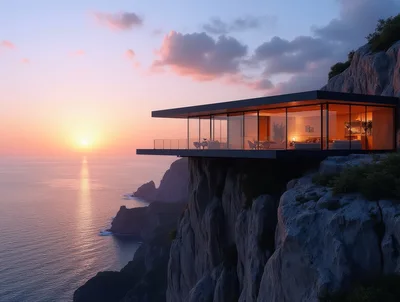 Modern Glass Cliffside Villa At Sunset
