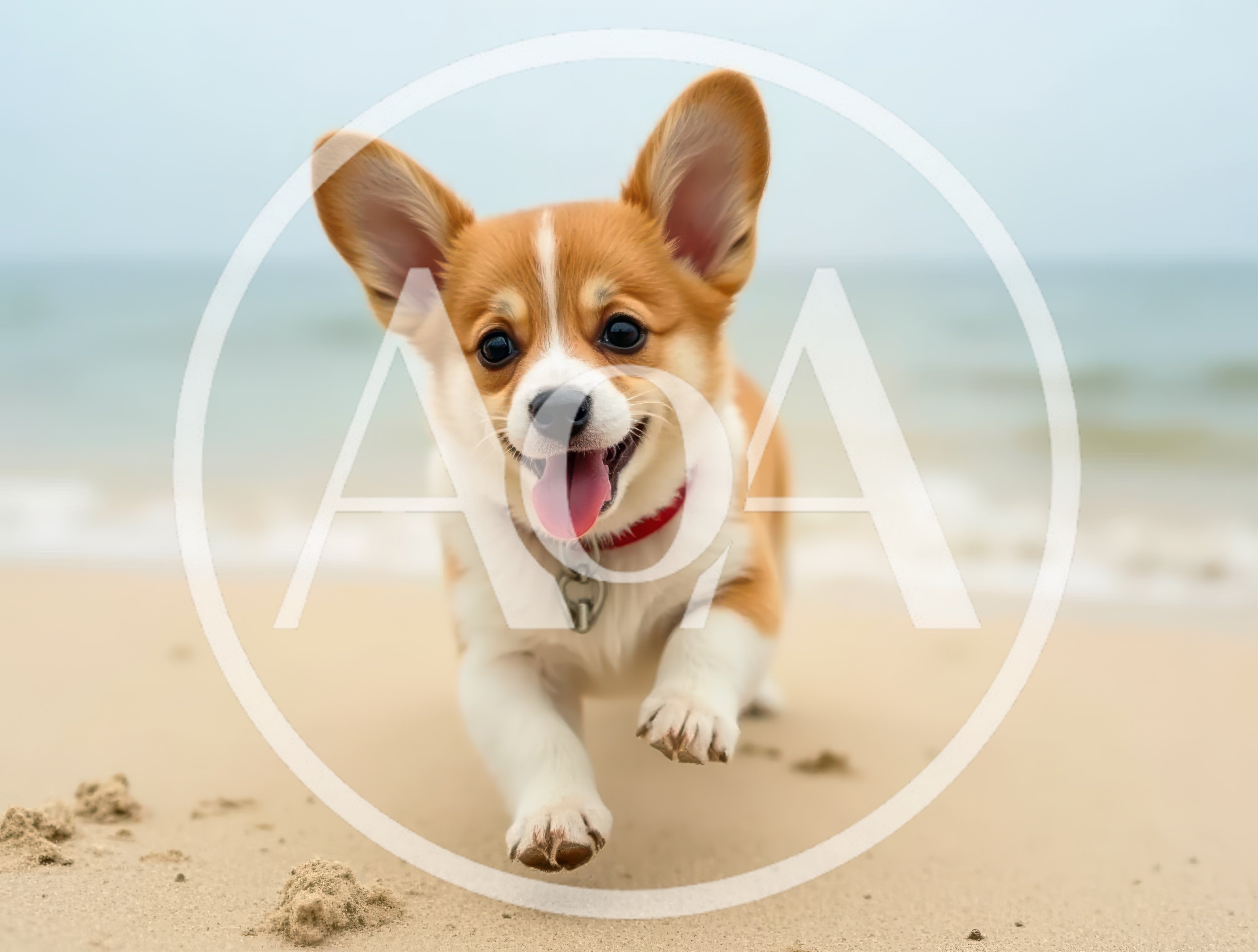 Happy Corgi Puppy Running On Sandy Beach
