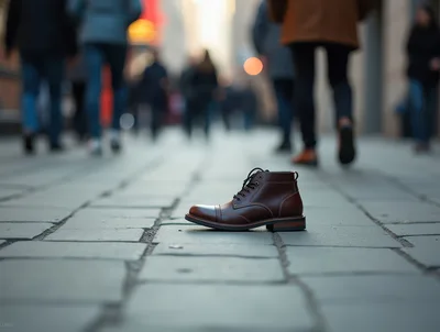Single Brown Leather Boot Abandoned on City Sidewalk
