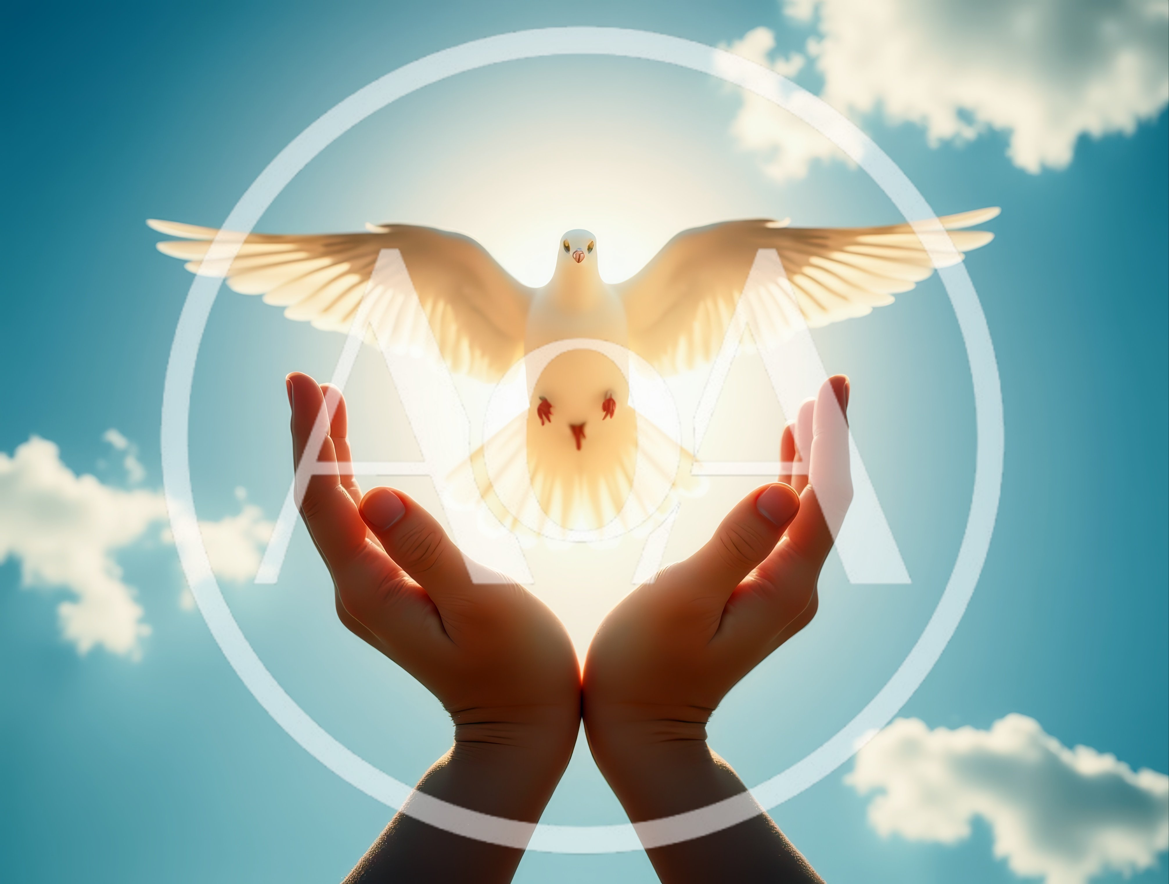 White Dove Flying Above Cupped Human Hands