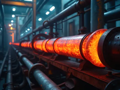 Glowing Molten Metal Pipe In Industrial Factory