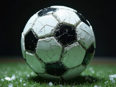Worn Soccer Ball Resting On Grass With Hail