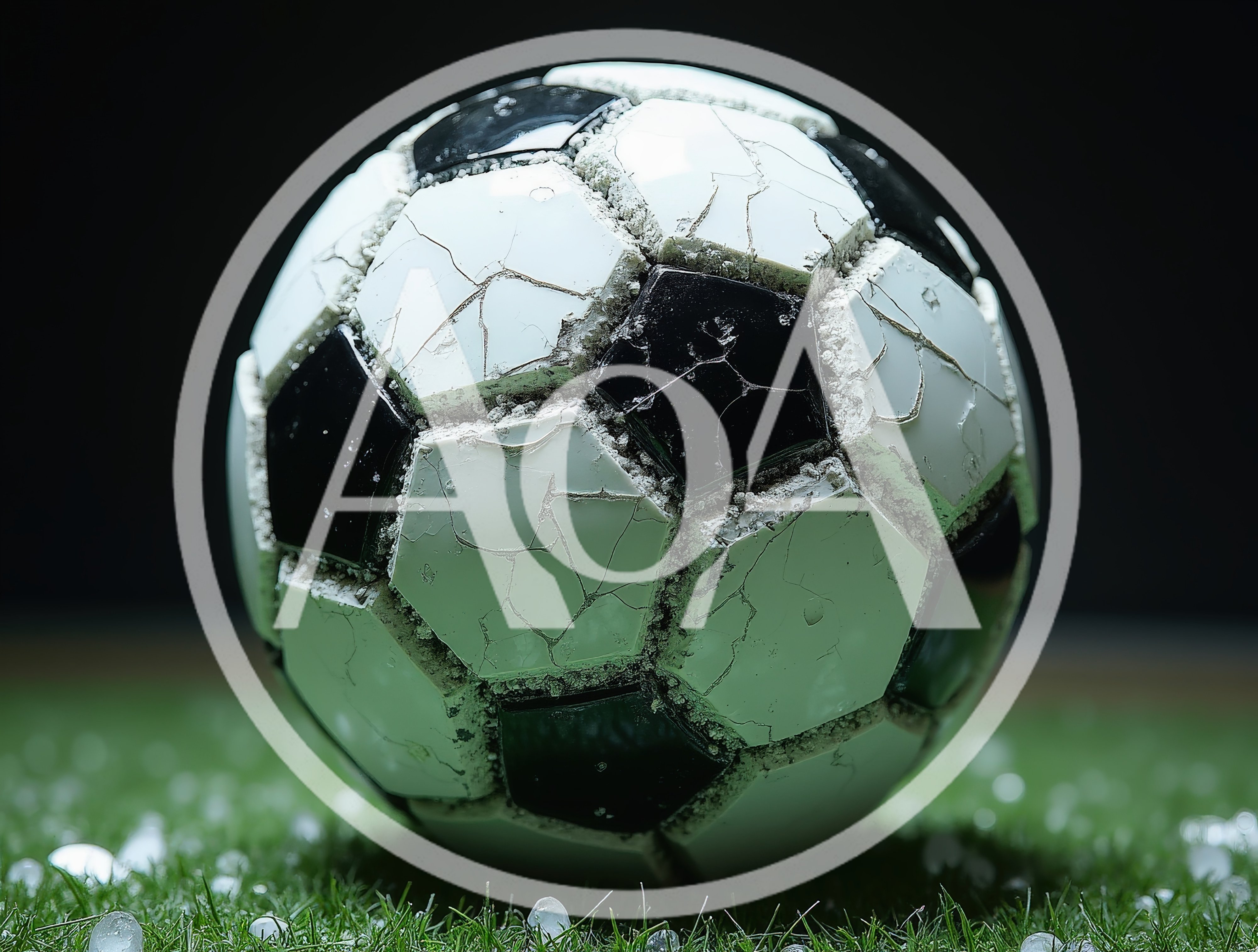 Worn Soccer Ball Resting On Grass With Hail