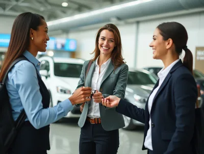 Three Professional Women Exchanging Car Keys In Dealership
