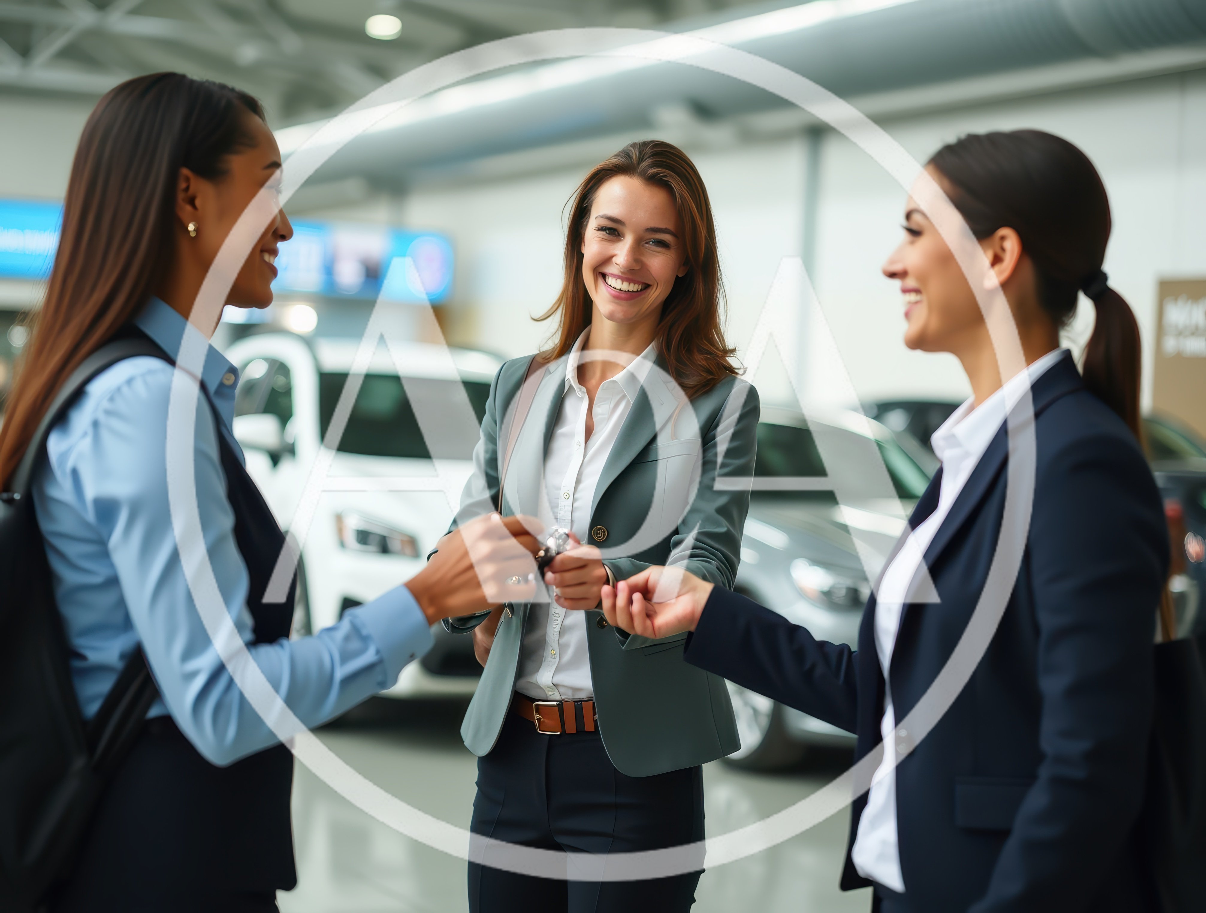 Three Professional Women Exchanging Car Keys In Dealership