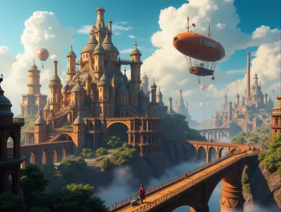 Fantasy Steampunk Castle City With Airships