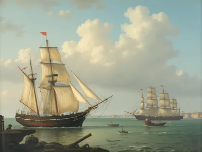 Tall Ships Sailing Near A Coastal Harbor