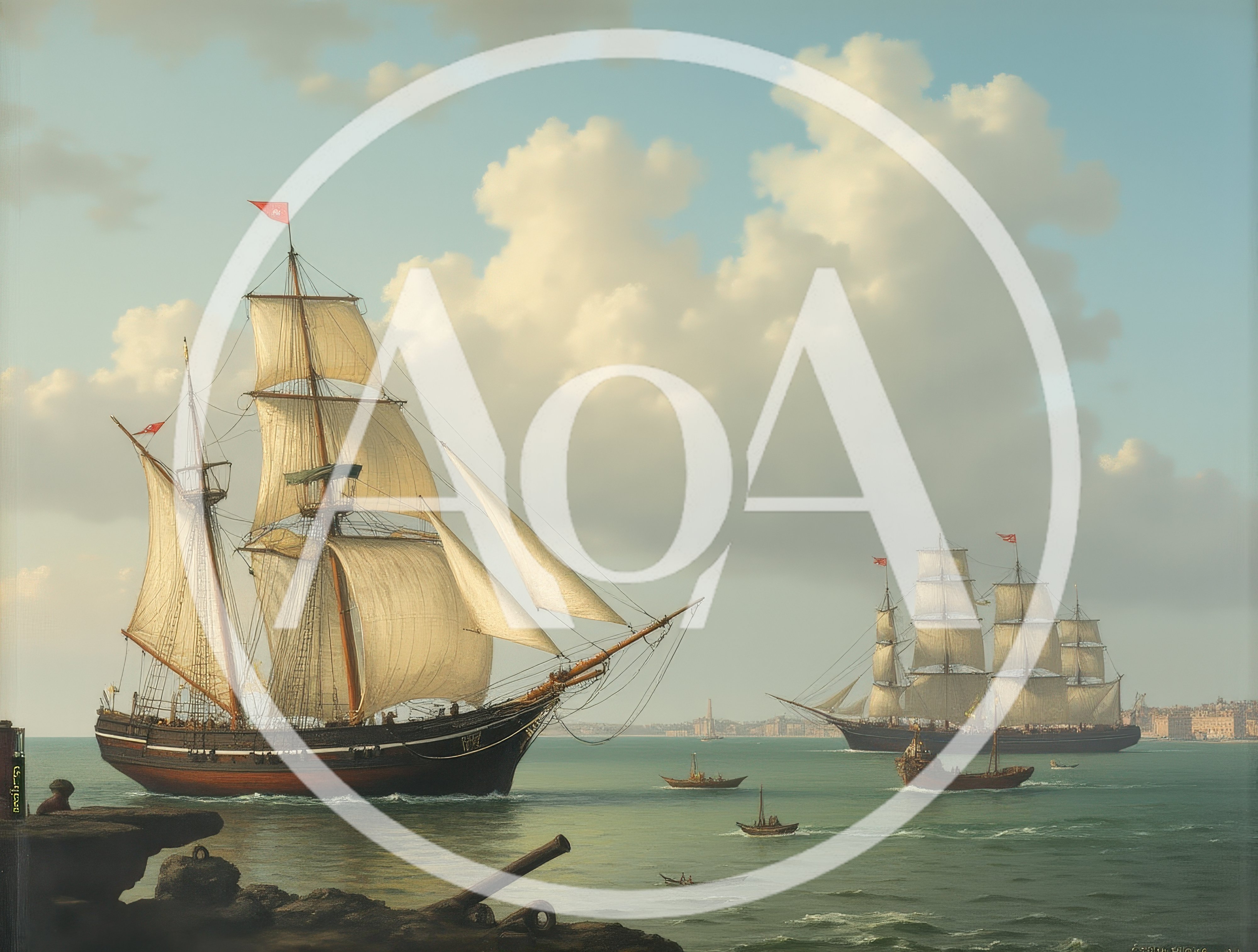 Tall Ships Sailing Near A Coastal Harbor