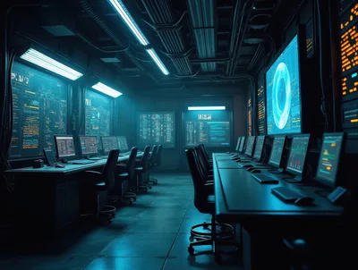 Futuristic Cyber Security Operations Center With Glowing Monitors