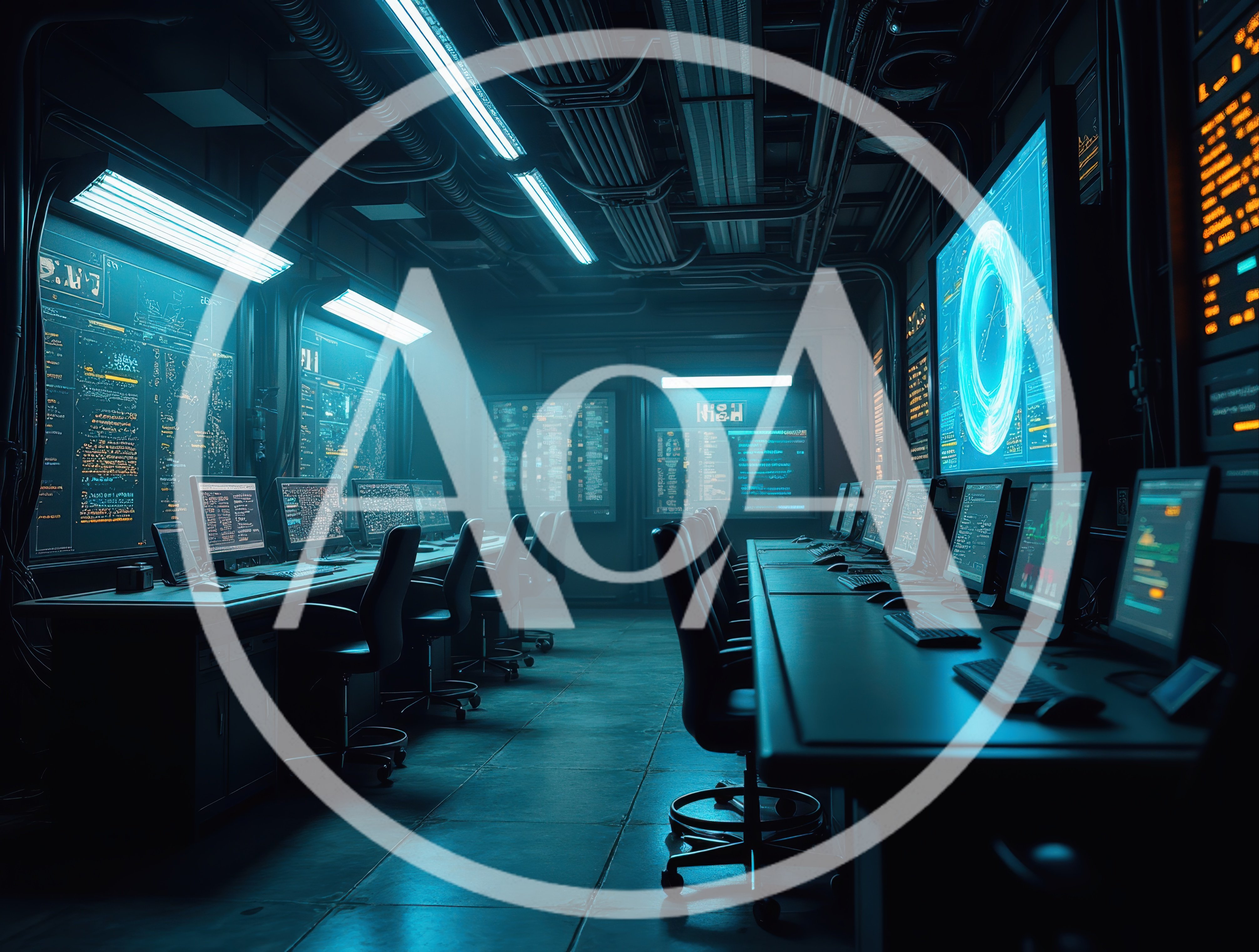 Futuristic Cyber Security Operations Center With Glowing Monitors