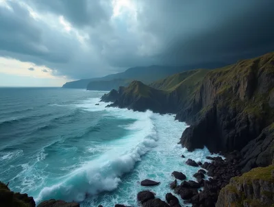 Dramatic Ocean Waves Crashing Against Rugged Coastal Cliffs
