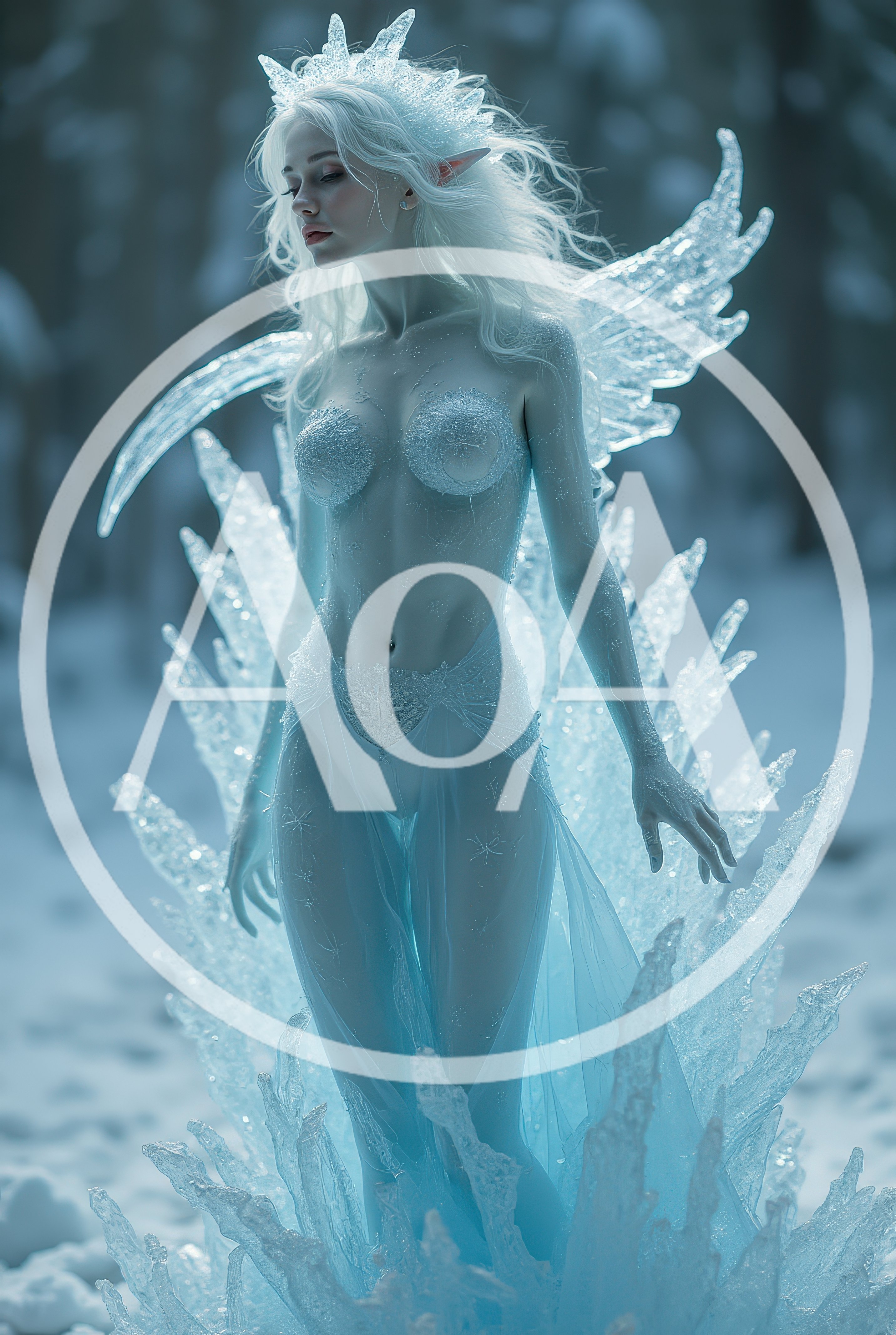 Ethereal Ice Fairy Standing In Snowy Forest