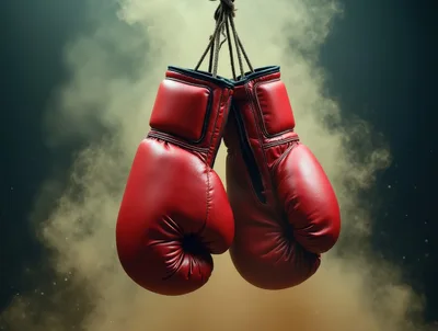 Pair Of Red Boxing Gloves Hanging In Smoke