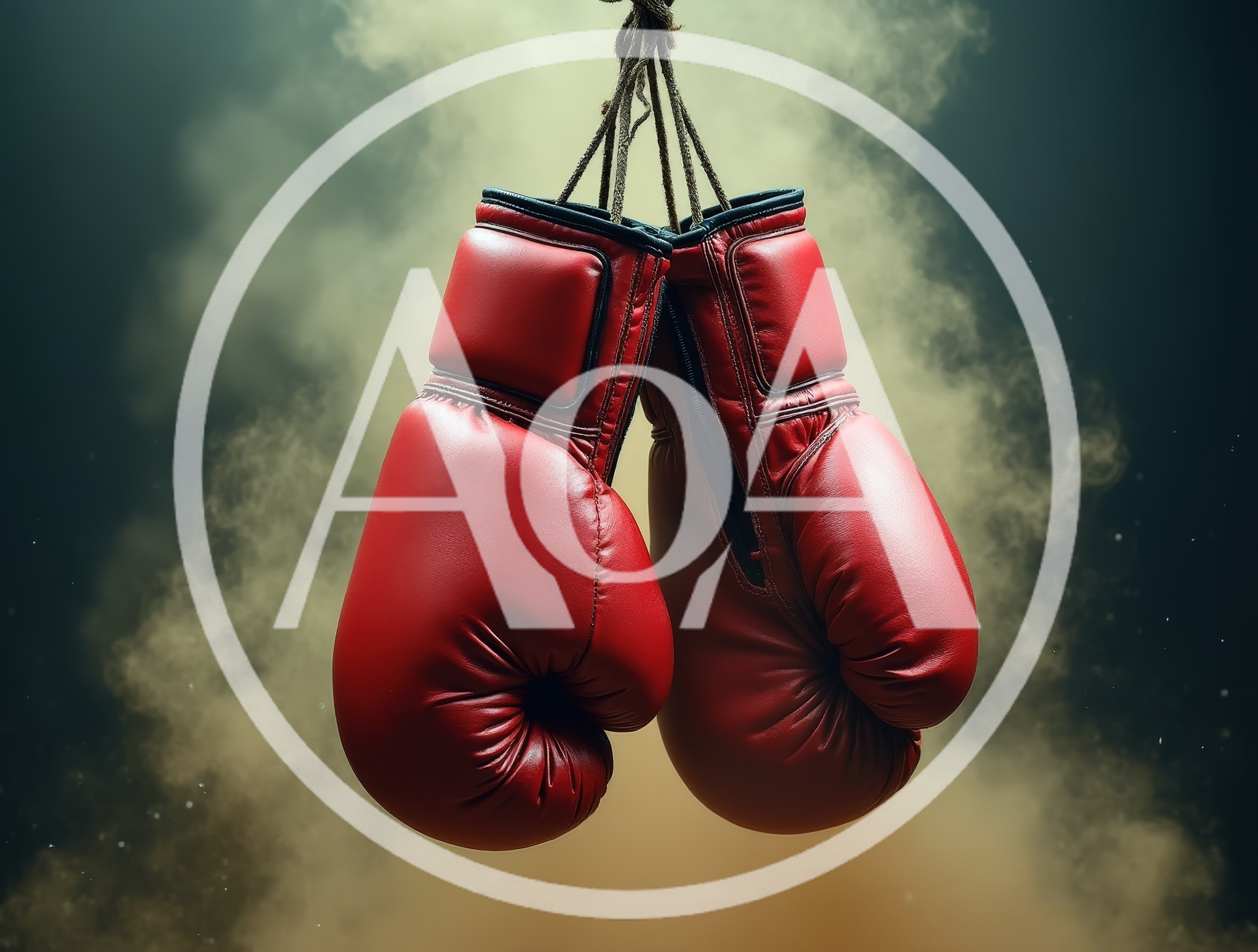 Pair Of Red Boxing Gloves Hanging In Smoke