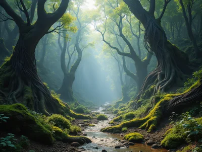 Enchanted Forest Stream With Ancient Mossy Trees