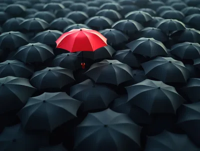 Single Red Umbrella Standing Out Among Many Black Umbrellas