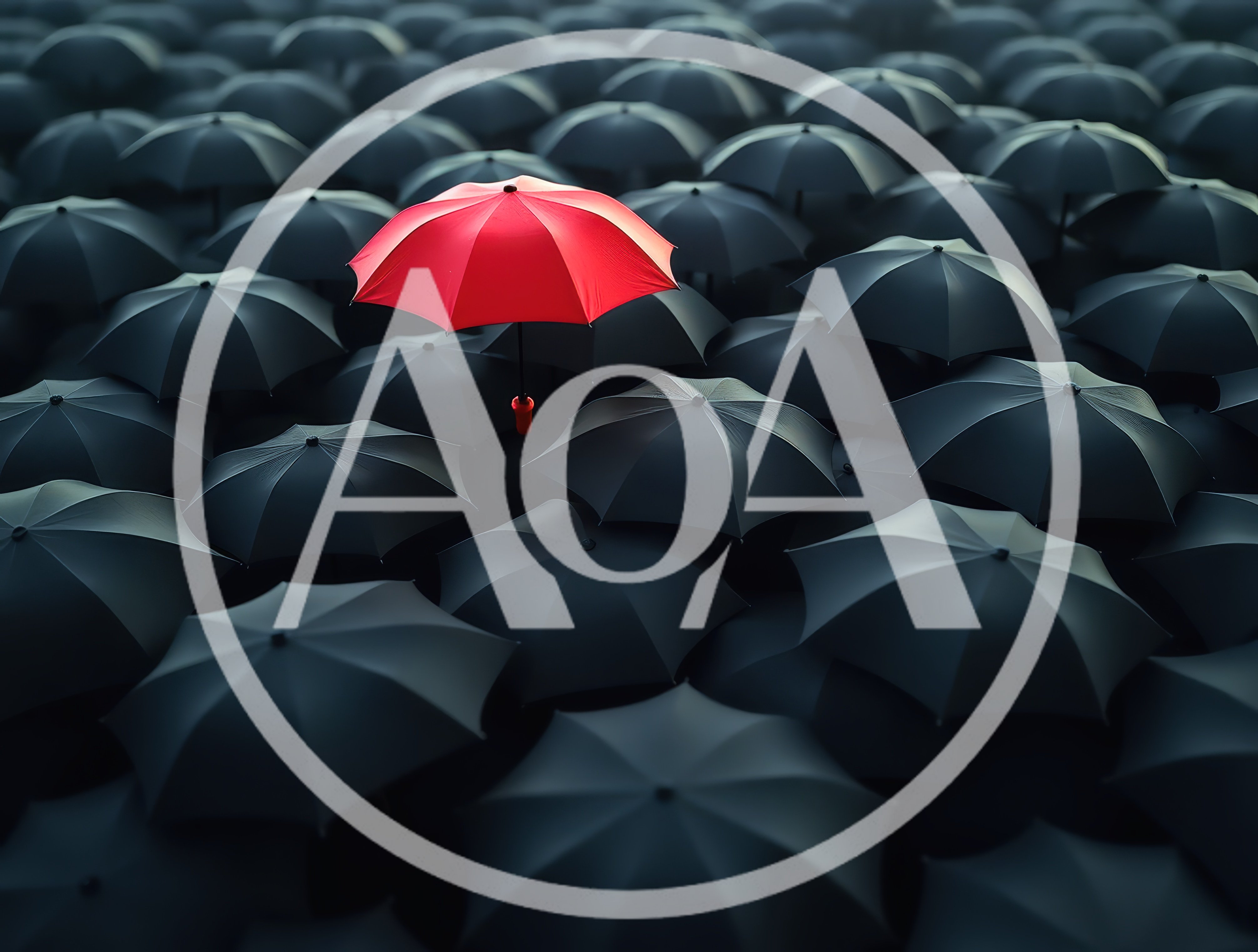 Single Red Umbrella Standing Out Among Many Black Umbrellas