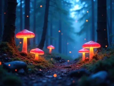 Glowing Bioluminescent Mushrooms In A Dark Enchanted Forest