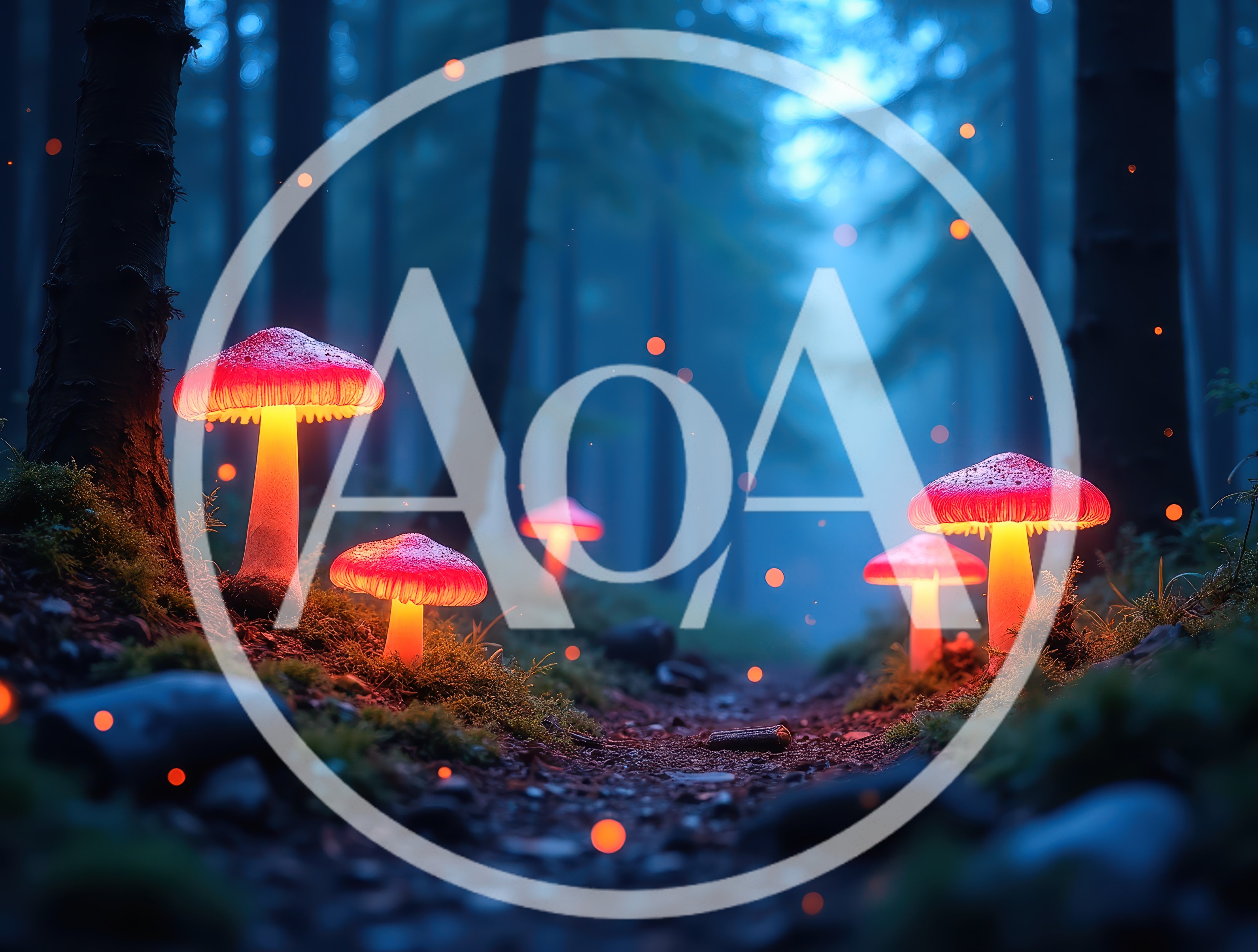 Glowing Bioluminescent Mushrooms In A Dark Enchanted Forest