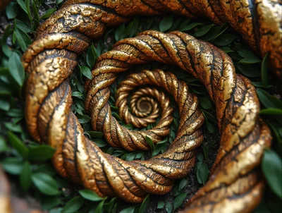 Golden Twisted Rope Spiral Nestled In Green Foliage