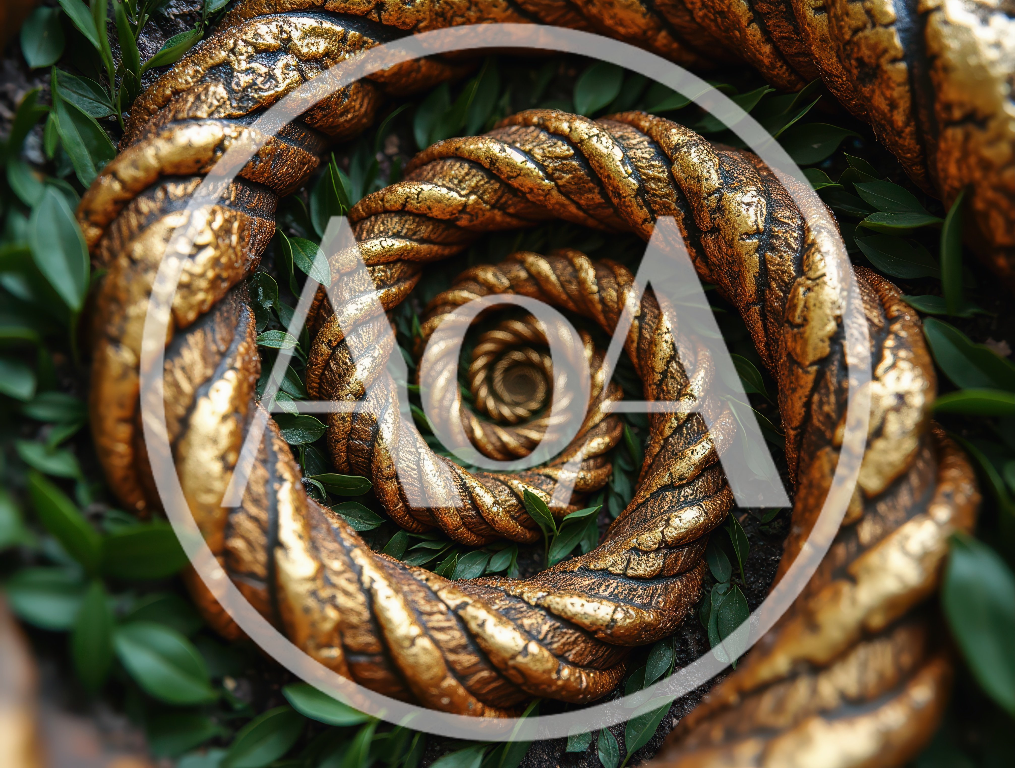 Golden Twisted Rope Spiral Nestled In Green Foliage