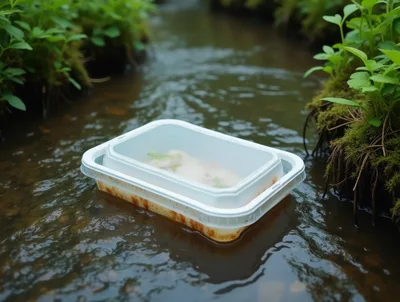 Plastic Food Container Floating In A Natural Stream