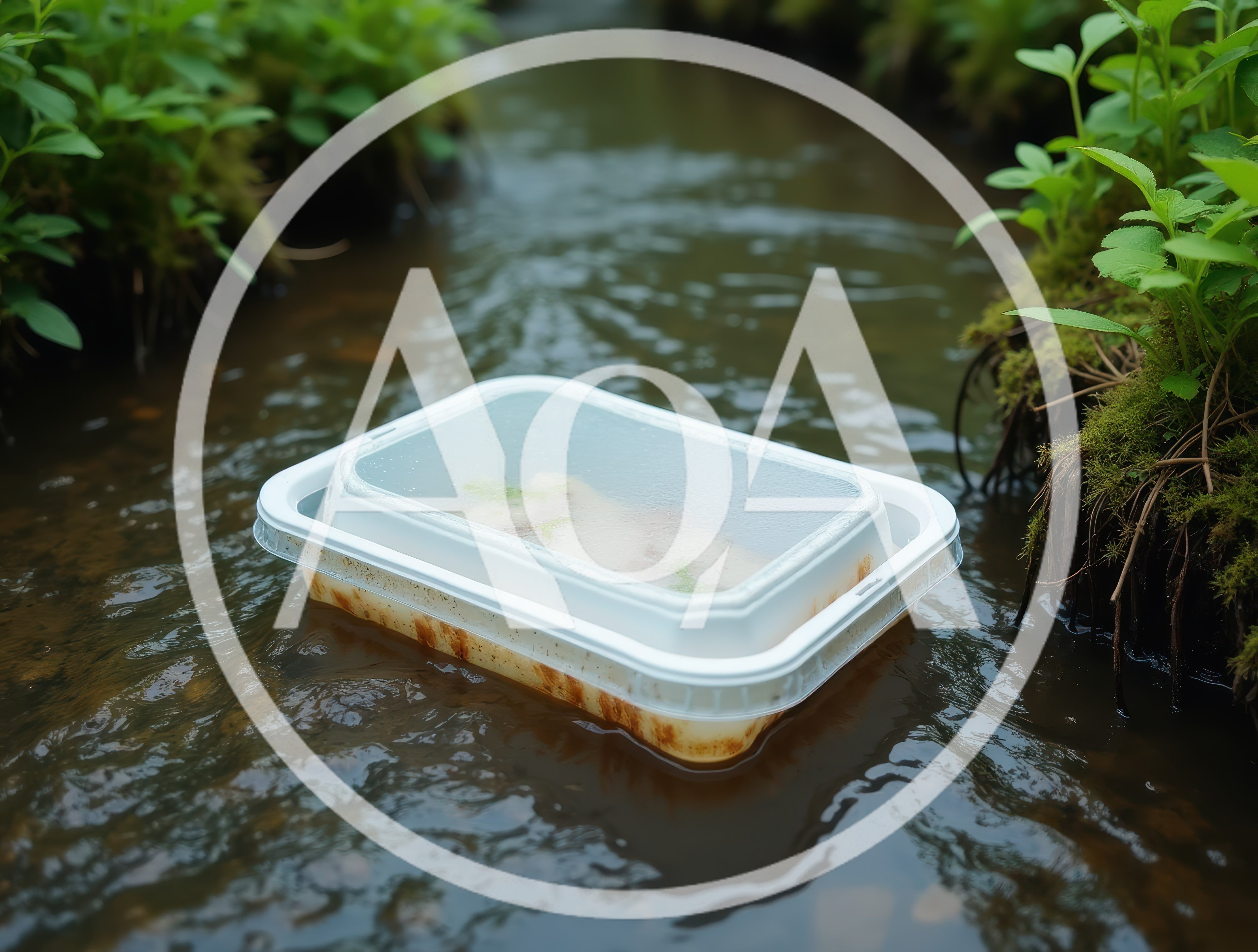 Plastic Food Container Floating In A Natural Stream