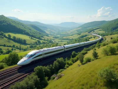 High Speed Train Traveling Through Lush Green Valley