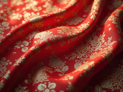 Red Silk Fabric With Gold Floral Brocade Pattern