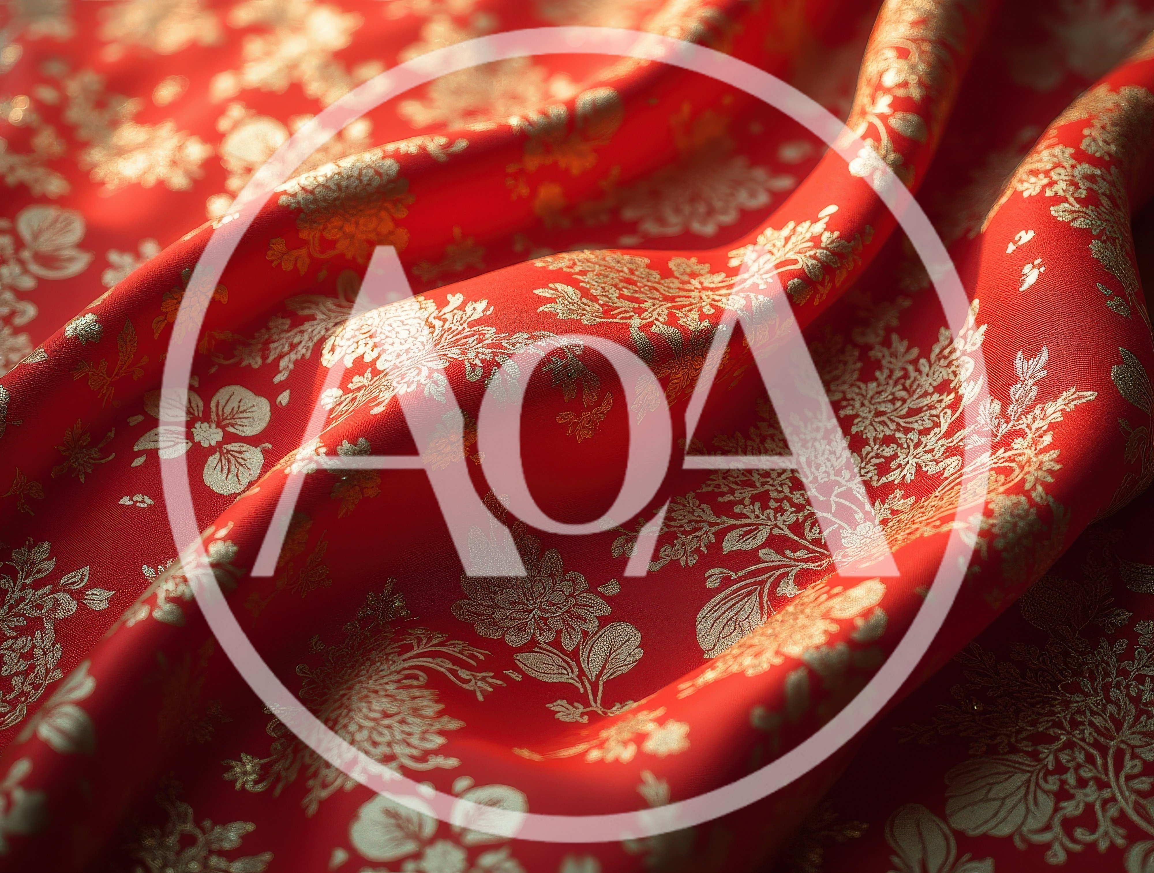 Red Silk Fabric With Gold Floral Brocade Pattern